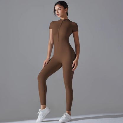Yoga Set  Jumpsuits One-Piece Suit Zipper Short Sleeve