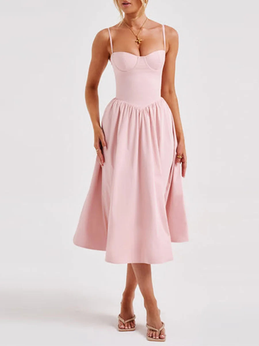 Midi Cami Dress Solid Color Sleeveless Backless Flowy Party Dresses
