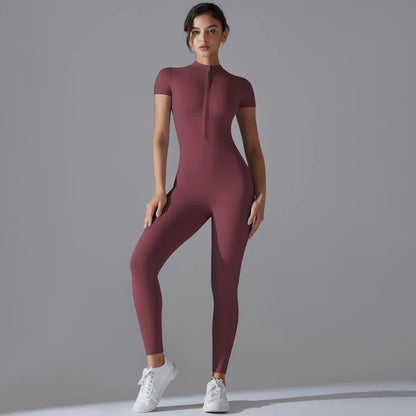 Yoga Set  Jumpsuits One-Piece Suit Zipper Short Sleeve
