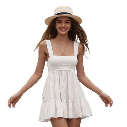 Sleeveless V-Neck Ruffle Tiered Mini Dress with Open Back and Pockets - Chic A-Line Summer Dress