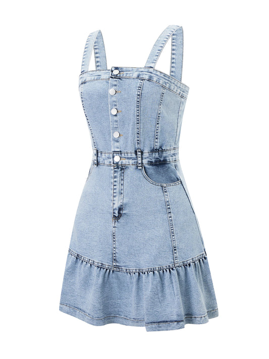 Sleeveless Denim Jumpsuit with Button Up Front and Square Neckline  Mini Dress