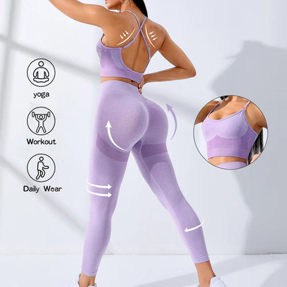 2/Pcs Seamless Workout Outfits Leggings And Thin Shoulder Strap Stretch Sports Bra