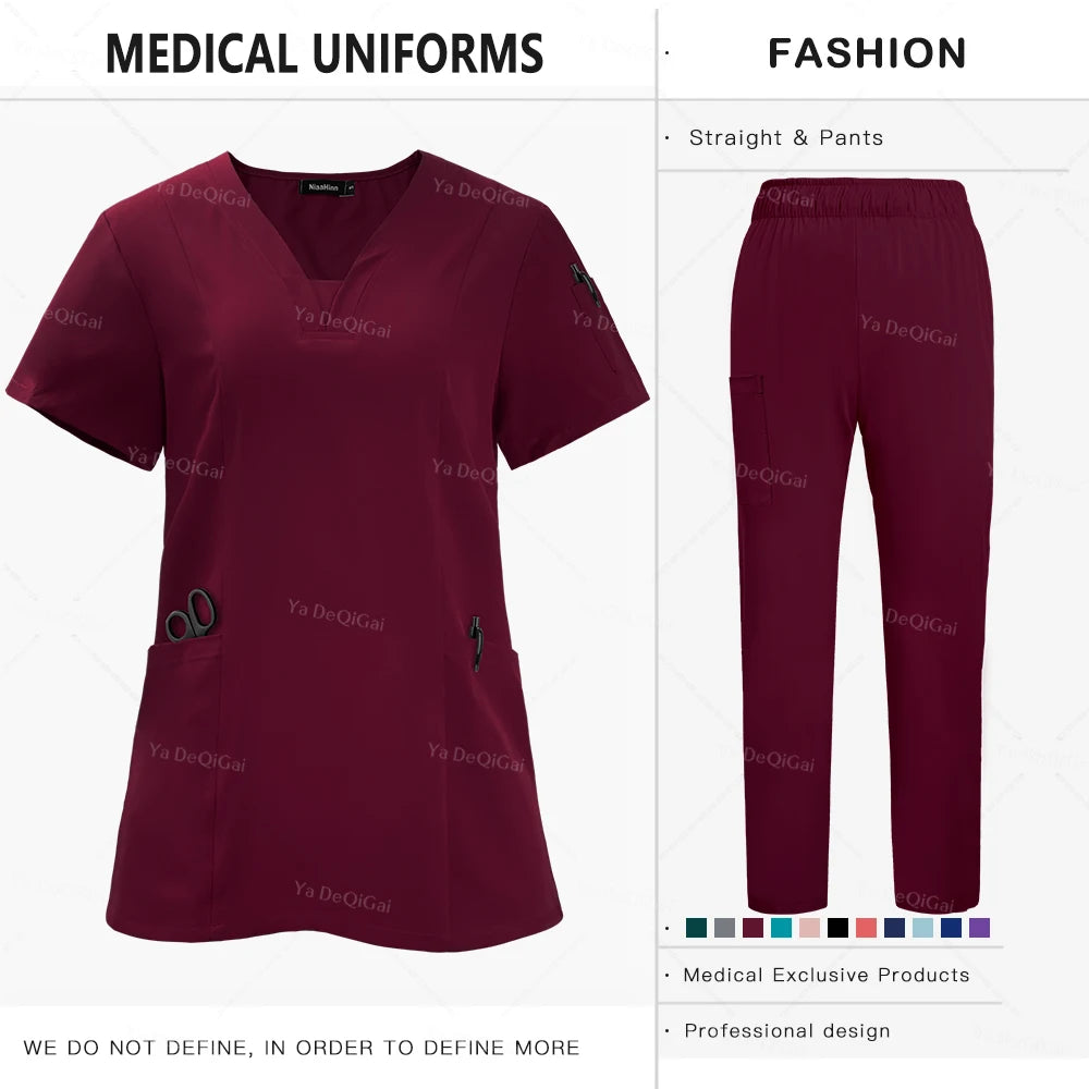 Anti-Wrinkle  Washable Medical Scrubs Sets Blouse Pockets Straight Pants
