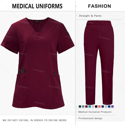 Anti-Wrinkle  Washable Medical Scrubs Sets Blouse Pockets Straight Pants