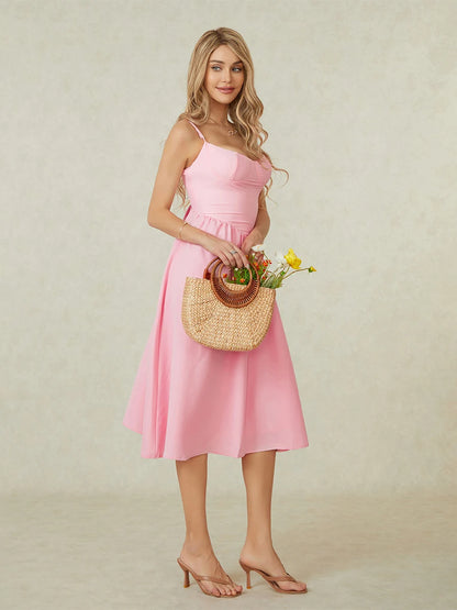 Midi Cami Dress Solid Color Sleeveless Backless Flowy Party Dresses