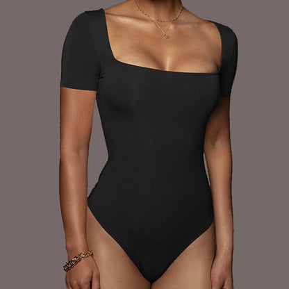 Short Sleeve Bodysuits  Square-Cut Collar Solid Bodycon