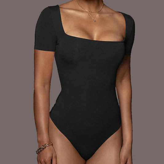 Short Sleeve Bodysuits  Square-Cut Collar Solid Bodycon