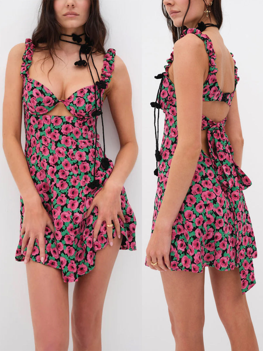 Mini Dress Sleeveless Sweetheart Neck Cutout Floral Print A-Line Dress Short Tank Dress