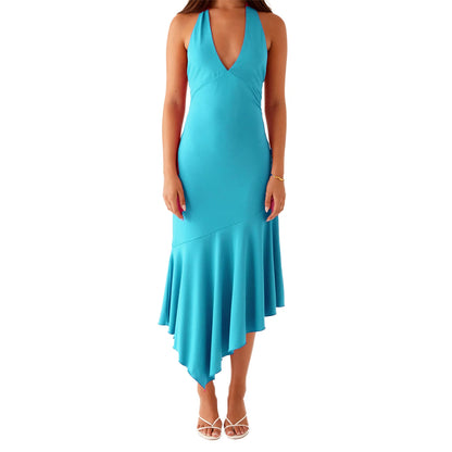 Elegant Sleeveless Halter Neck Dress with Open Back and Pleated Hem