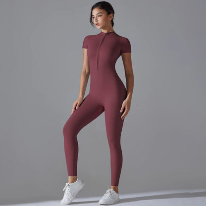 Yoga Set  Jumpsuits One-Piece Suit Zipper Short Sleeve