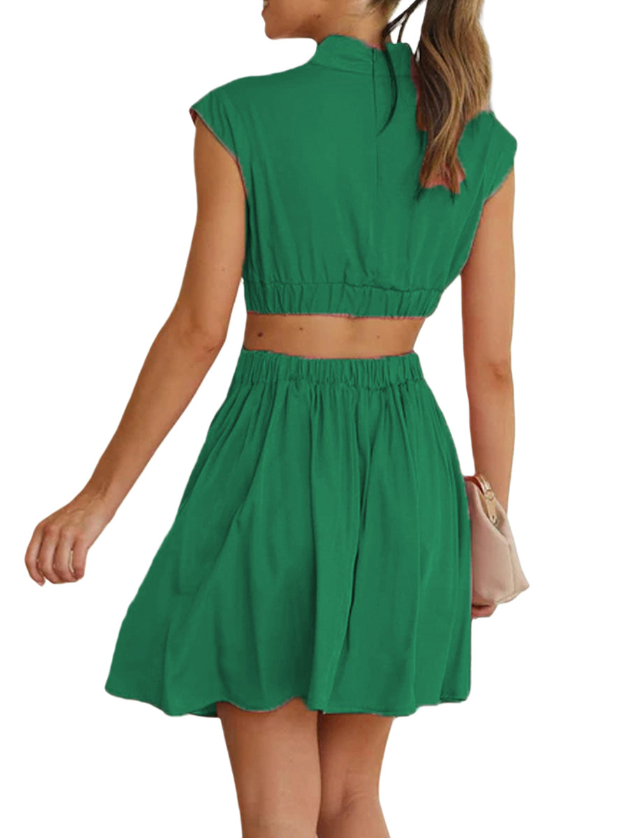 Summer Casual Dress Stand Collar  Cutout Pleated