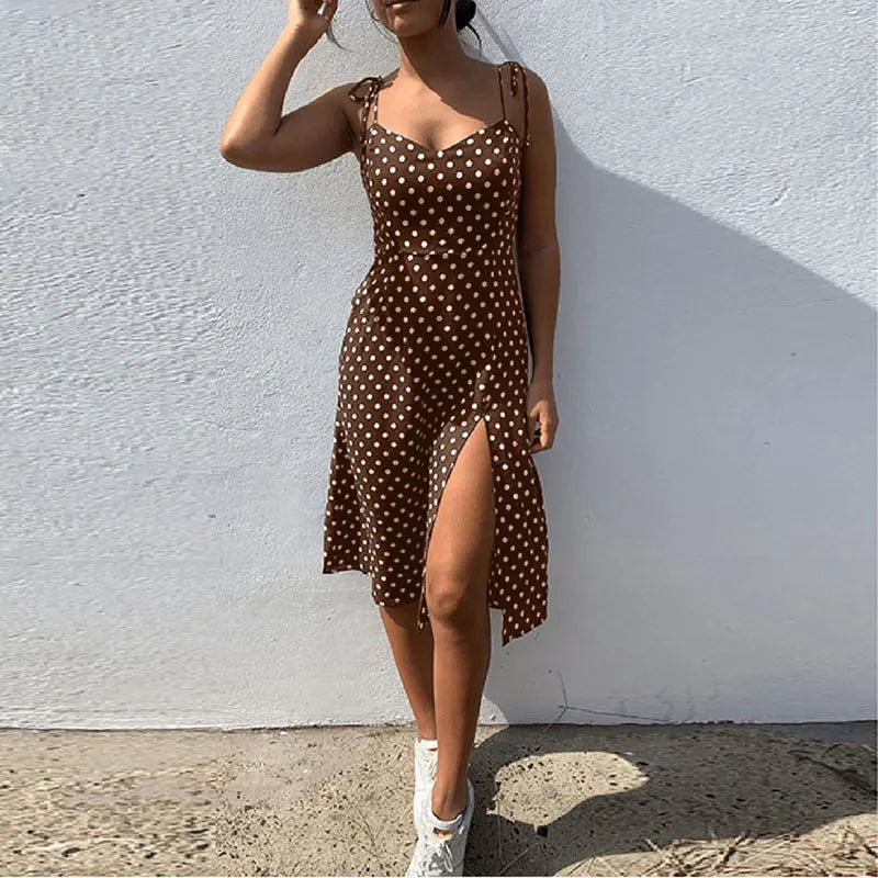 Polka Dot Sleeveless High Pleated elastic waist V-Neck  Dress
