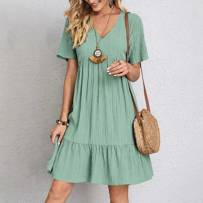 Loose V-neck Short Sleeved Pleated Women Dress