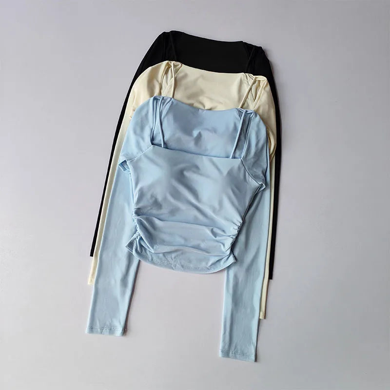 Women Sports Tops Fixed Chest Pads  Long Sleeves