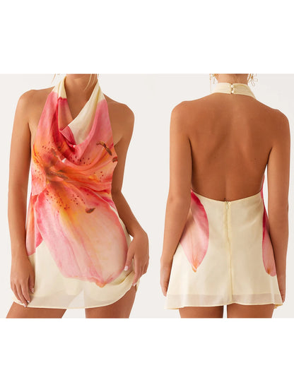 Elegant Floral Print Sleeveless Halter Neck Mini Dress