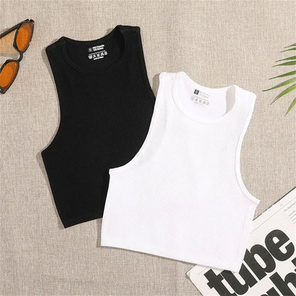 Black White Crop Tops Seamless  Rib Knit Breathable Tank Top Without Pads