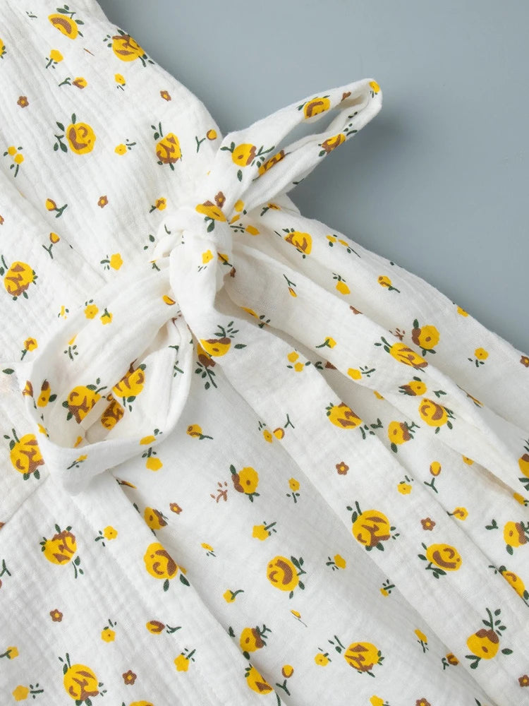 Casual Floral Printed Cotton Dress V-neck Short Sleeve Tunics Lace-up