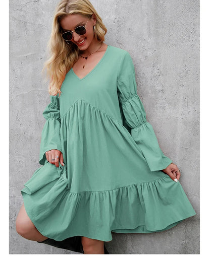 Casual Long Sleeve Dresses V Neck Loose Flowing Dress