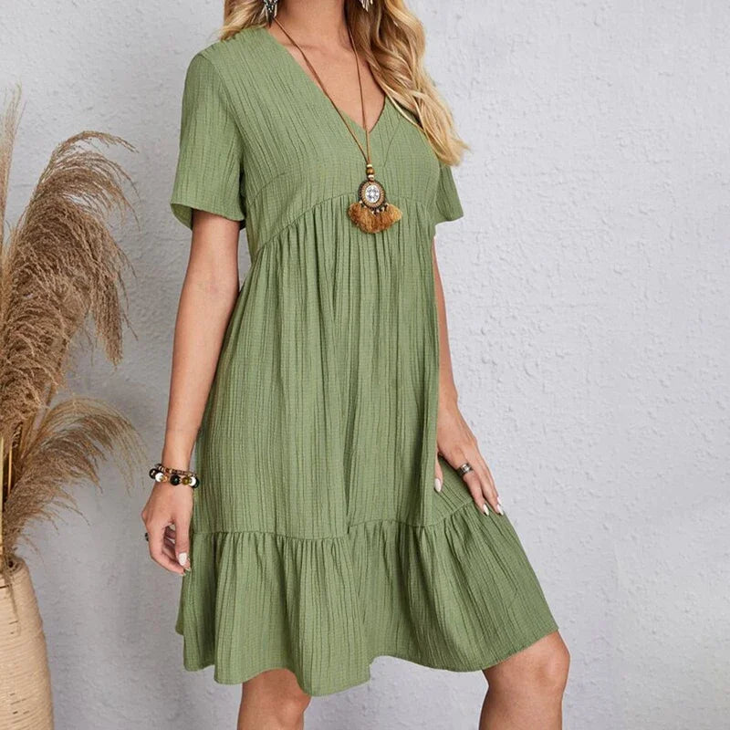 Loose V-neck Short Sleeved Pleated Women Dress
