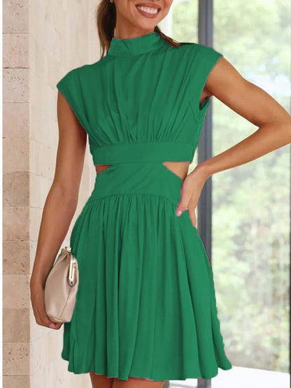 Summer Casual Dress Stand Collar  Cutout Pleated