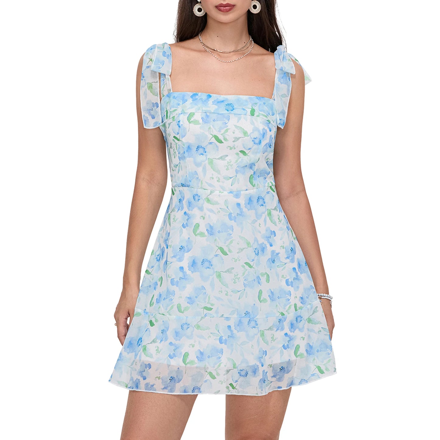 Casual Dress Floral Print Tie-Up Shoulder Strap Mini Dress Double Layer Backless