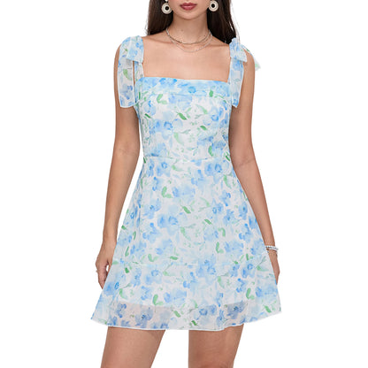 Casual Dress Floral Print Tie-Up Shoulder Strap Mini Dress Double Layer Backless