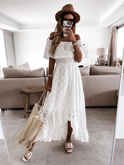 Long Dress Sexy Strapless Off The Shoulder Lace Tassel High Waist Big Hem Hollow Out