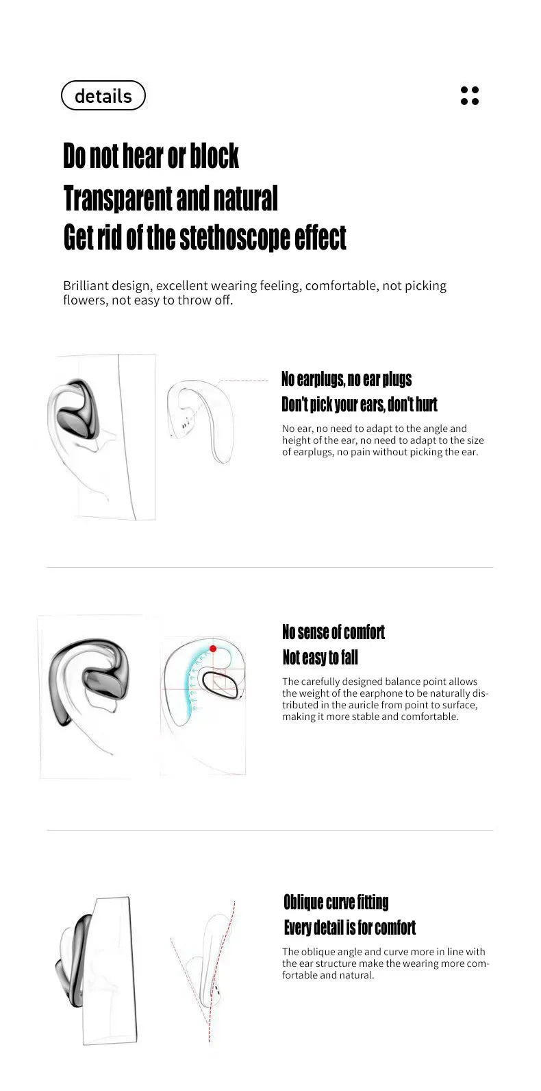Wireless Earphones Bone Conduction Headset with Mic Sports Hifi Stereo Earbuds Waterproof Noise Reduction Headset