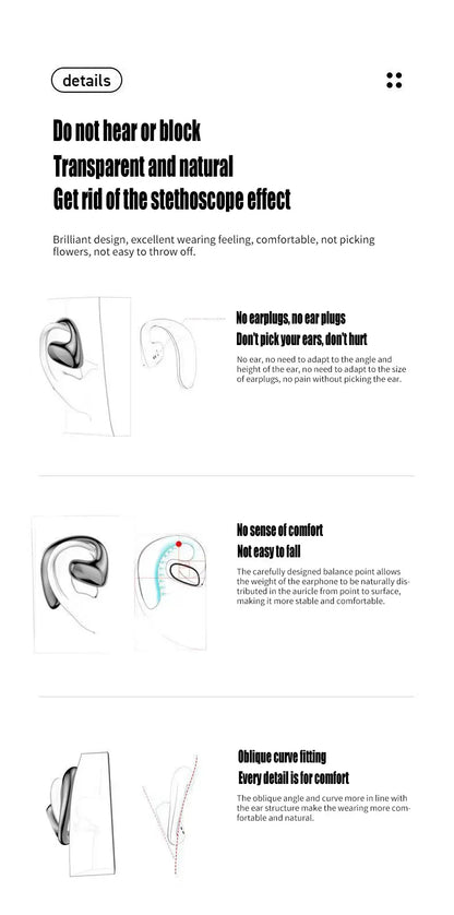Wireless Earphones Bone Conduction Headset with Mic Sports Hifi Stereo Earbuds Waterproof Noise Reduction Headset