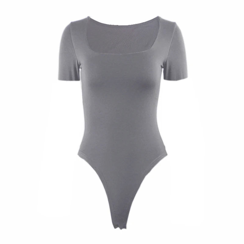 Short Sleeve Bodysuits  Square-Cut Collar Solid Bodycon