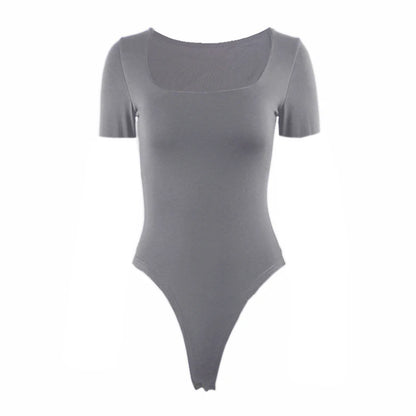 Short Sleeve Bodysuits  Square-Cut Collar Solid Bodycon