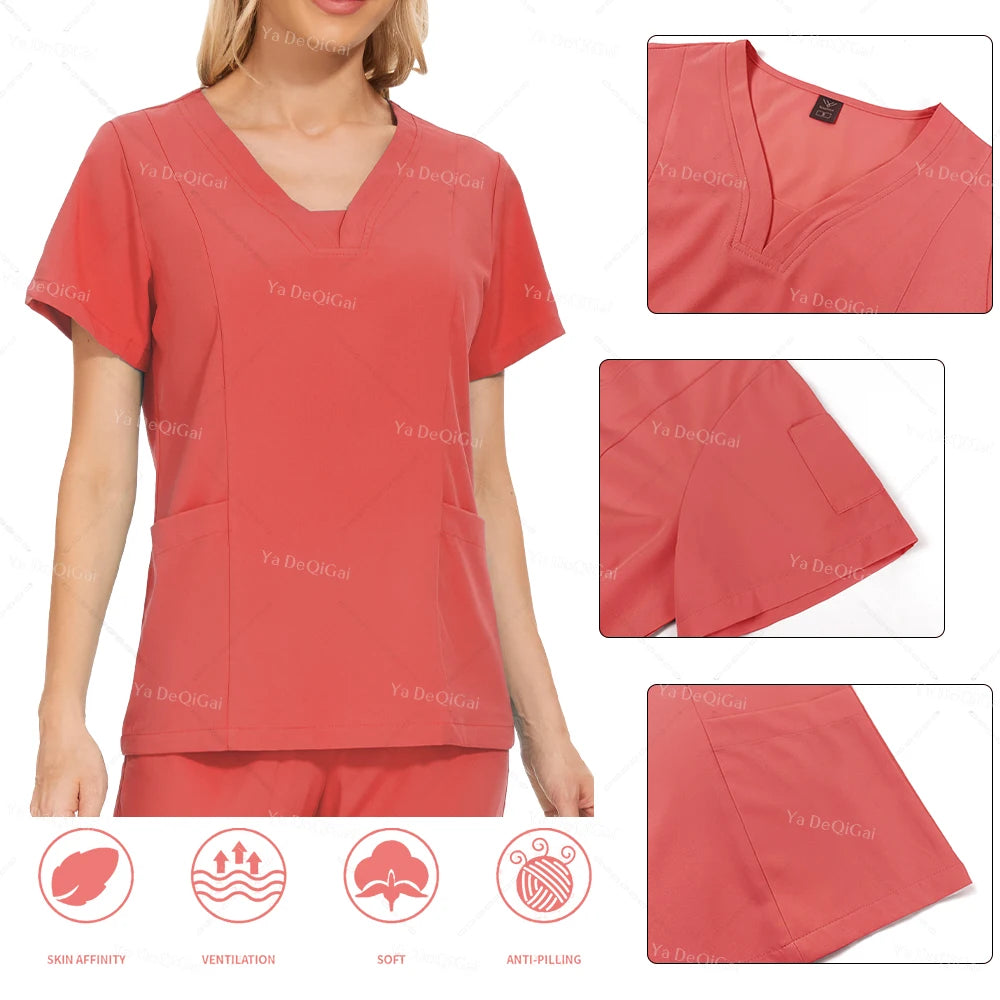 Anti-Wrinkle  Washable Medical Scrubs Sets Blouse Pockets Straight Pants