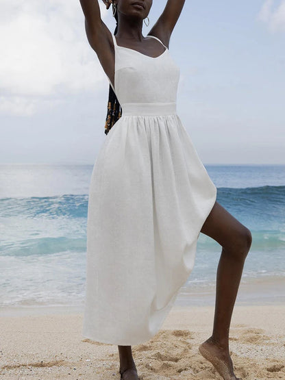 Casual Solid Color Long Dresses Sexy  Backless Party Pleated Dress