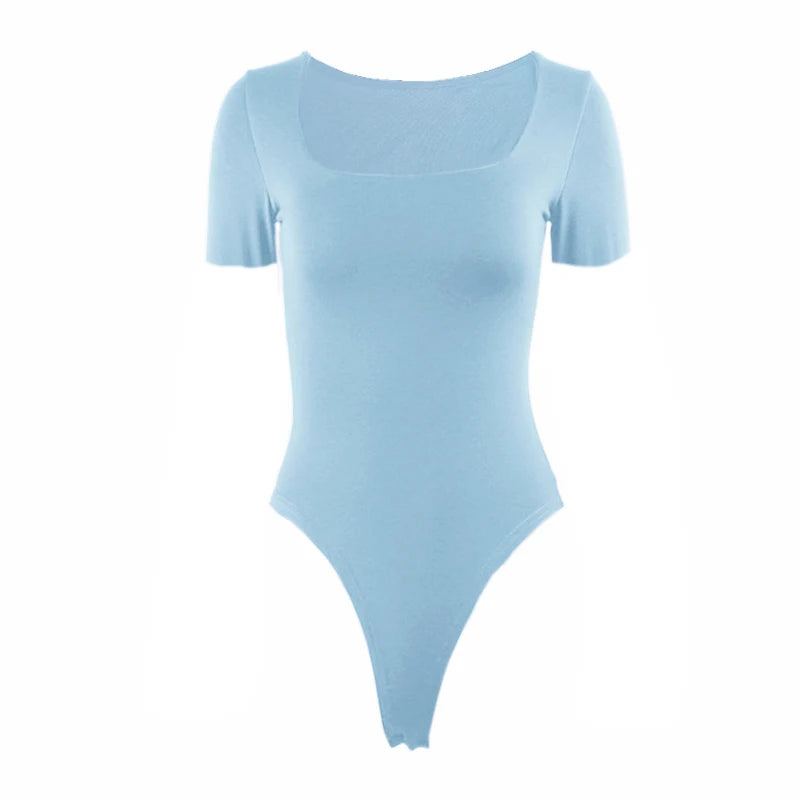 Short Sleeve Bodysuits  Square-Cut Collar Solid Bodycon