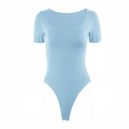 Short Sleeve Bodysuits  Square-Cut Collar Solid Bodycon