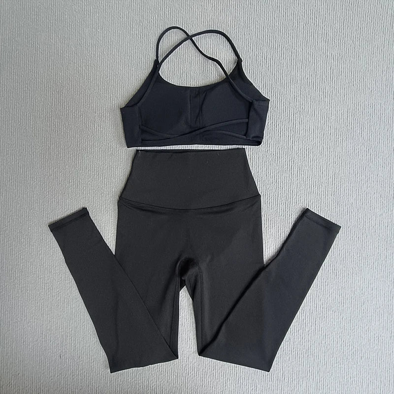 2 Pcs Gym Set Sweat Bra Tops Compression Leggings