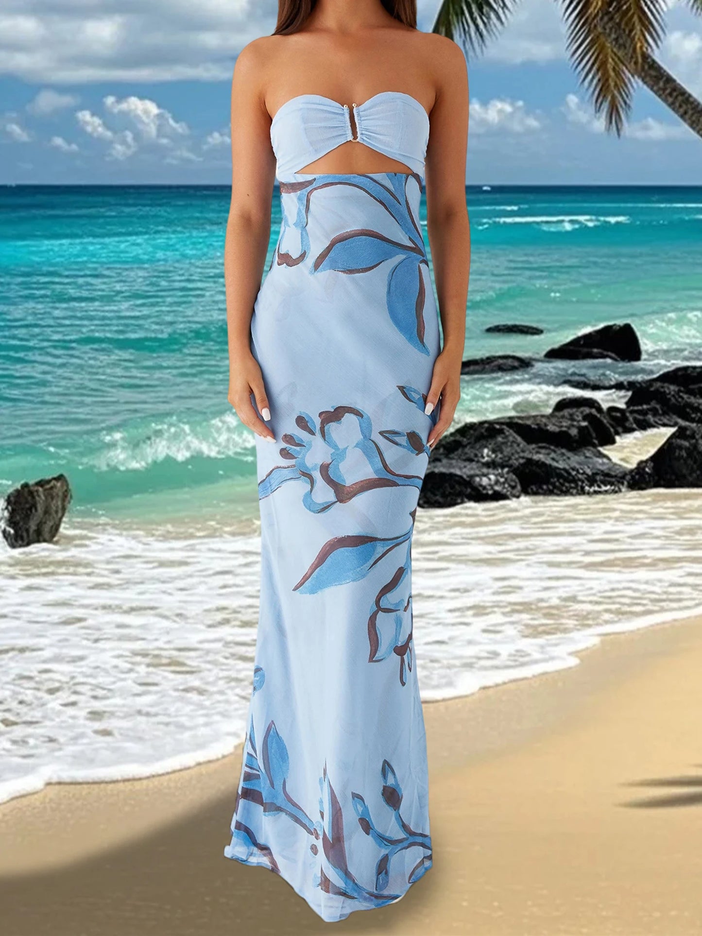 Elegant Maxi Dress with Off-Shoulder Design and Floral Print Stylish Backless Strapless Tube Dress f