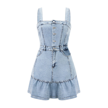 Sleeveless Denim Jumpsuit with Button Up Front and Square Neckline  Mini Dress
