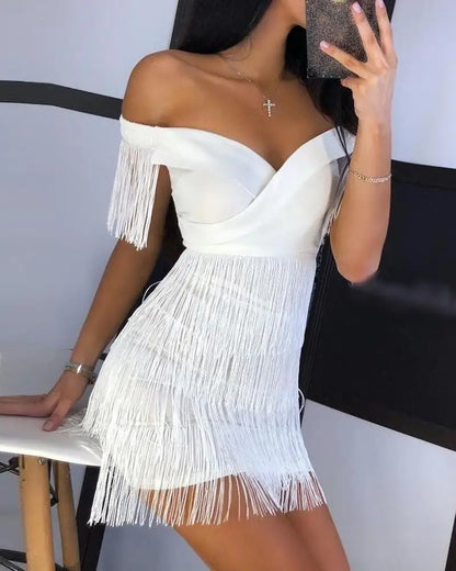 Evening Dresses Sexy Big V Neck One-shoulder Fringed Skirt