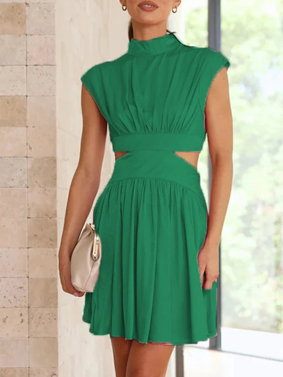 Summer Casual Dress Stand Collar  Cutout Pleated