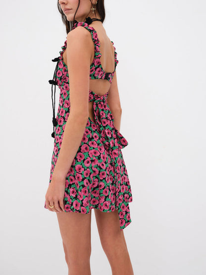 Mini Dress Sleeveless Sweetheart Neck Cutout Floral Print A-Line Dress Short Tank Dress