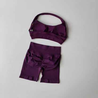 2 Pieces Yoga Suit Halter Sports Bra Matching Impact Shorts