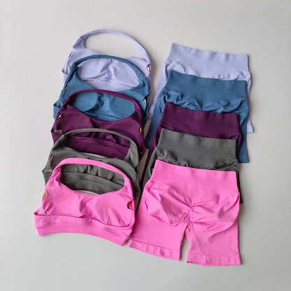 2 Pieces Yoga Suit Halter Sports Bra Matching Impact Shorts
