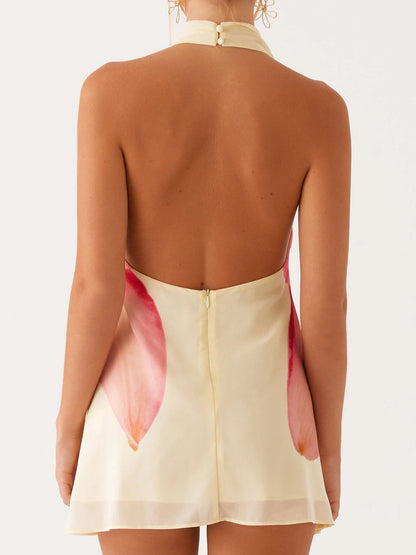 Elegant Floral Print Sleeveless Halter Neck Mini Dress