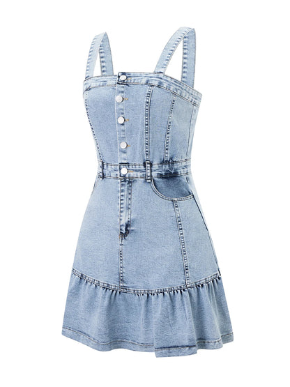 Sleeveless Denim Jumpsuit with Button Up Front and Square Neckline  Mini Dress
