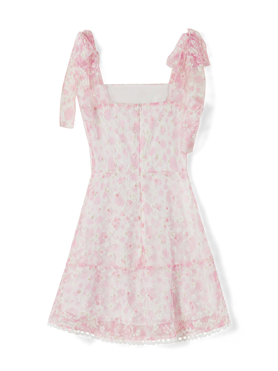 Casual Dress Floral Print Tie-Up Shoulder Strap Mini Dress Double Layer Backless