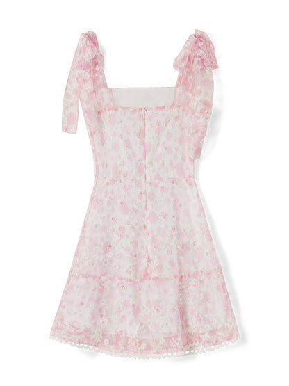 Casual Dress Floral Print Tie-Up Shoulder Strap Mini Dress Double Layer Backless