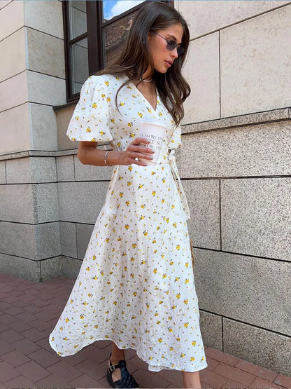 Casual Floral Printed Cotton Dress V-neck Short Sleeve Tunics Lace-up