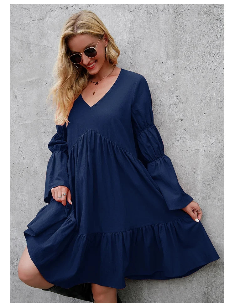 Casual Long Sleeve Dresses V Neck Loose Flowing Dress