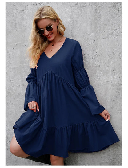 Casual Long Sleeve Dresses V Neck Loose Flowing Dress